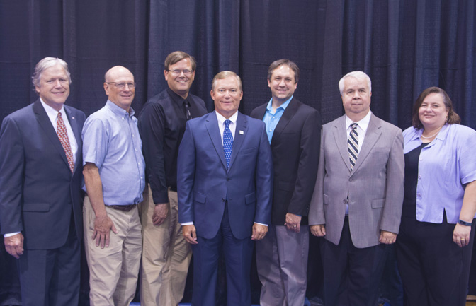 President Scott D. Miller (center) with newly appointed academic leaders (from left) Dr. Tim O'Rourke, Dr. Chris Haley, Dr. Maynard Schaus, Dr. Travis Malone, Dr. Bob Albertson, and Dr. Joyce Easter.