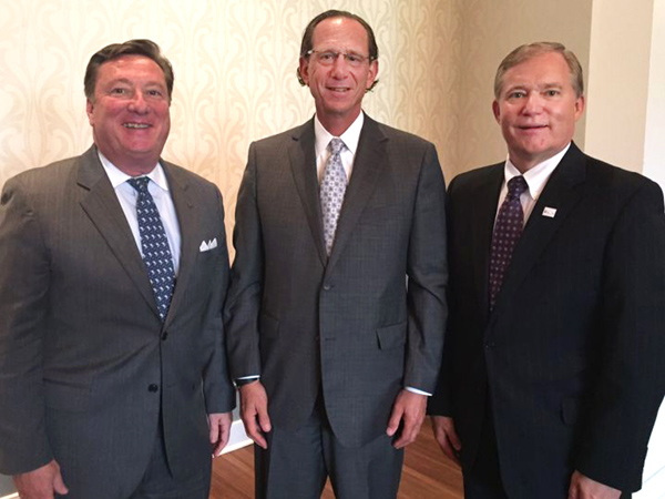 (From left) Outgoing Chair of the Virginia Wesleyan College Board of Trustees Gary Bonnewell, newly elected Chair David L. Kaufman, and VWC President Scott D. Miller.