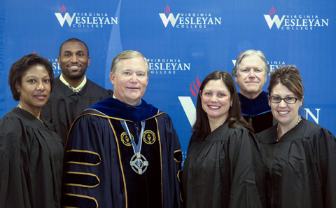 The 2016 Alumni Awards recipients were recognized Sept. 8 during the College's first-ever Founders Day Convocation. (From left) Alumni Council President Mavis McKenley '11, Rodney D. Young Jr. '07, Dr. Scott D. Miller, President of the College, Amy Rickard '98, Dr. Tim O'Rourke, Provost and Vice President for Academic Affairs, and Lindsey E. Reynolds '98.