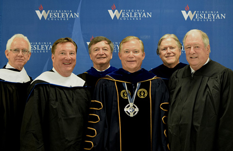 Pictured at Virginia Wesleyan's inaugural Founders Day Convocation are (from left) honorary degree recipients Dr. Steve Mansfield, College Archivist and former Dean of the College, and Gary Bonnewell '79, Immediate Past Board Chair, with Dr. Larry Hultgren, Professor of Philosophy, Dr. Scott D. Miller, President of the College, Dr. Tim O'Rourke, Provost and Vice President for Academic Affairs, and the event's keynote speaker George Birdsong H'16, Trustee Emeritus.