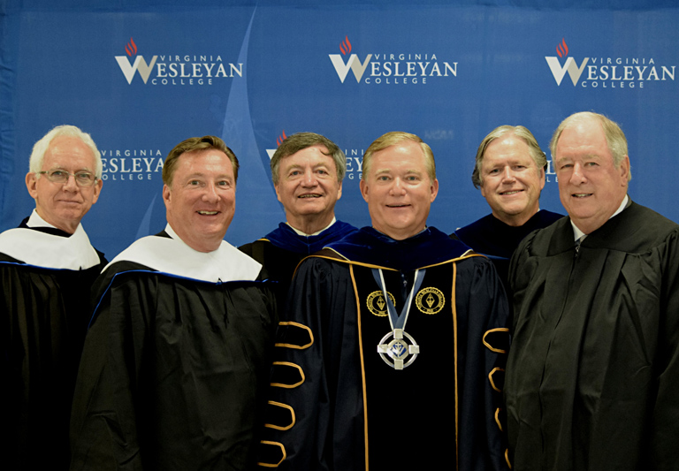 Pictured (from left) are honorary degree recipients Dr. Stephen S. Mansfield and Gary D. Bonnewell '79, with Dr. Larry Hultgren, VWC Professor of Philosophy, Dr. Scott D. Miller, President of the College, Dr. Tim O'Rourke, Provost and Vice President for Academic Affairs, and George Birdsong, Trustee Emeritus and keynote speaker at the Founders Day Convocation.