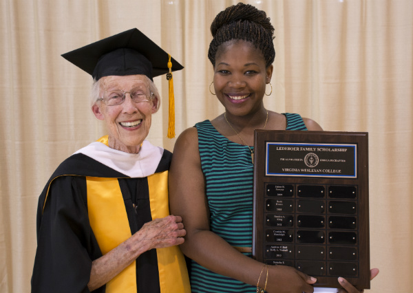 GUEST OF HONOR: Mrs. Suzanne Ledeboer travels from California each spring to present the Ledeboer Family Scholarship Award to a deserving VWC adult history student. Senior Natasha Bugey is this year's award recipient. (Photo by Janice Marshall-Pittman) 