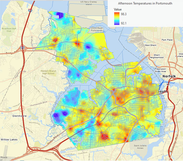 In 2024, Virginia Wesleyan University measured air temperatures in Virginia Beach on one hot afternoon in July. Temperatures varied by more than 6°F across the city. Areas with more pavement and less trees were typically hotter.