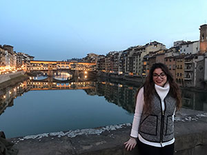 Alexia Vassiliadis '18 (Mathematics) at the Ponte Vecchio, Florence, Italy, January 28, 2017. Photograph by Amanda Browder. Alexia Vassiliadis '18 (Mathematics) at the Ponte Vecchio, Florence, Italy, January 28, 2017. Photograph by Amanda Browder.