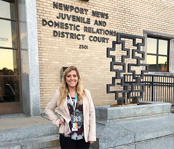 Alexis Pulliam '19 (Criminal Justice) at the Newport News Juvenile and Domestic Relations Courthouse, November 7, 2018. Alexis completed an internship with the Newport News Juvenile Services in fall 2018. (Photograph by Janice Roach)