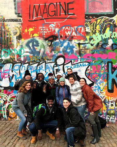 History students at the Lennon Wall in Prague, Czech Republic, January 2019