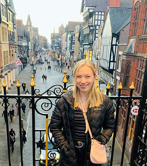 Abby Peterson at the Eastgate Clock in Chester, England - January 2022 (Taken by Hannah Schafer)
