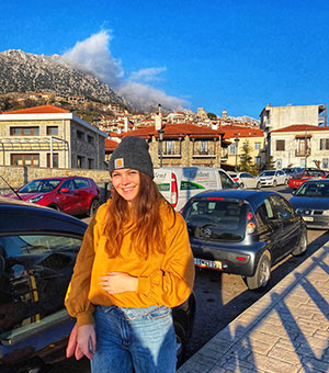 Mallory taking in the view at Arachova, Boeotia, Greece, January 2020. Photograph by Emily Salmone.