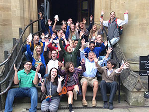 Students in Oxford, England with Profs. Terry Lindvall and Ben Haller, June 2014. Anonymous photographer.