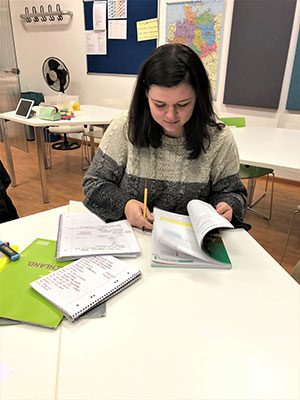 Danielle Gagnon '20 (Biology) studying at the Goethe Institut, fall 2018. Photograph by Lucien. Danielle Gagnon '20 (Biology) studying at the Goethe Institut, fall 2018. Photograph by Lucien.