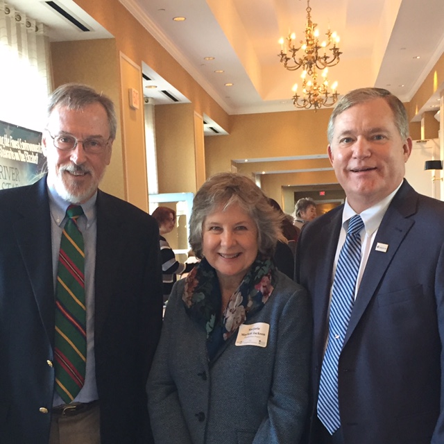 VWC Professor of Political Science William Gibson (left) and President of the College Scott D. Miller accepted the award from Marjorie Mayfield Jackson, Executive Director of the Elizabeth River Project.