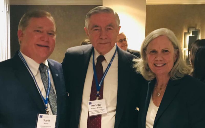 Dr. Scott D. Miller, President of the University, with Rodrigo Guerra Botello (center), Secretary General of the Mexican Federation of Private Institutions of Higher Education, and MaryAnn Baenninger, President of Drew University and Chair of the Board of Directors of Washington, D.C.-based Council of Independent Colleges, at the opening session of the U.S.-Mexico Higher Education Summit in Chicago.