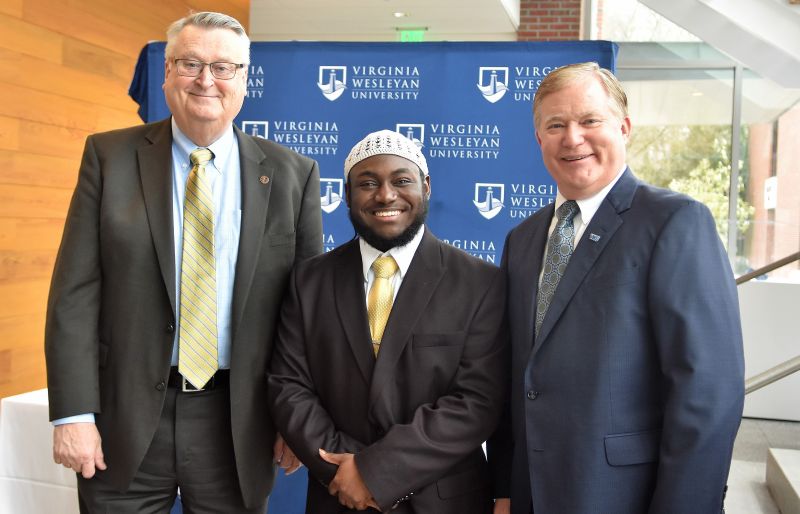 The Fair Transfer agreement guarantees TCC students like Charleston Yancey (center) entrance to Virginia Wesleyan with junior class status upon completion of an associate of arts or science. Yancey is pictured with VWU President Scott D. Miller and Tidewater Community College President Gregory T. DeCinque